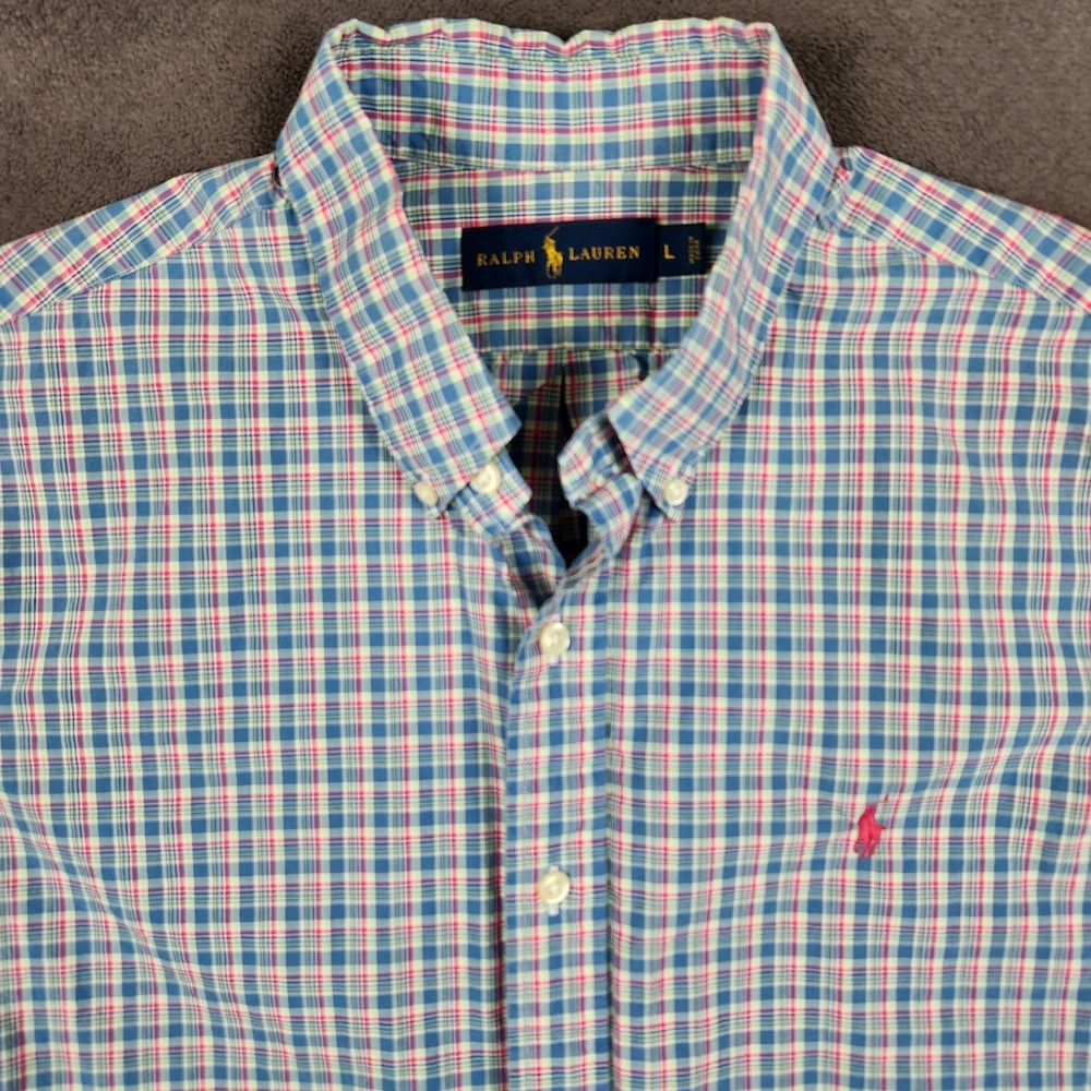 Ralph Lauren Shirt Mens Large Blue Pink Plaid Long Sleeve Cotton Button Down